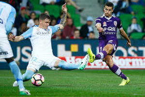 MELBOURNE, AUSTRALIA - APRIL 23: Joel Chianese of the Glory scores a goal during the A-League Elimination Final match between Melbourne City FC and the Perth Glory at AAMI Park on April 23, 2017 in Melbourne, Australia. (Photo by Daniel Pockett/Getty Images)