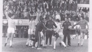 Australian players celebrating after defeating Greece in 1970. Jack Reilly is on the far right.