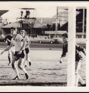 Playing against Scotland at the Sydney Showground. John Watkiss and Alan Marnoch in front of Peter Fuzes on his near post