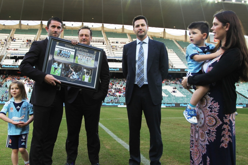 Terry McFlynn receiving plaque for his service to Sydney FC