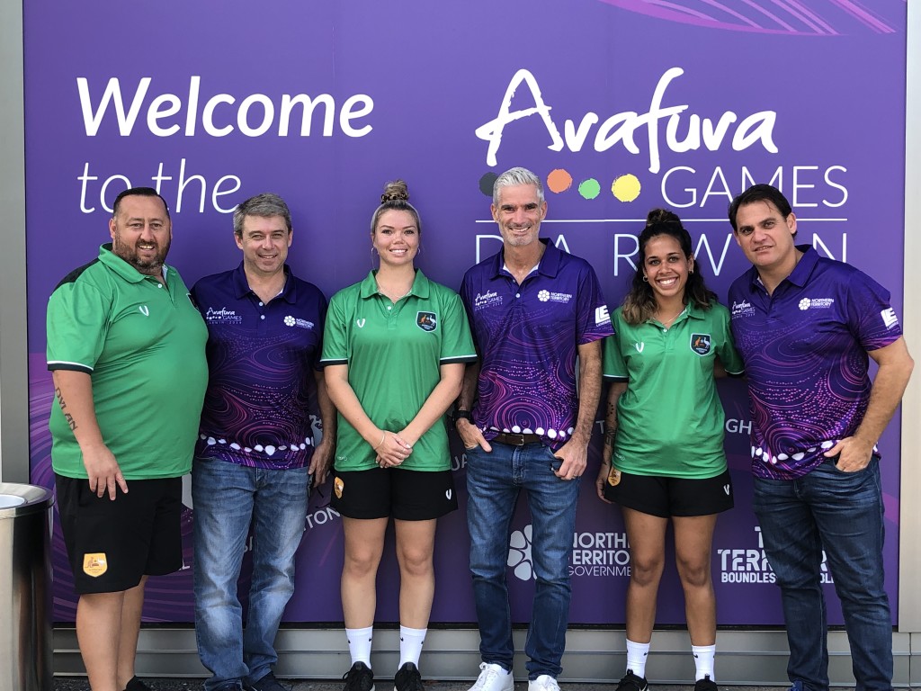 Mick Hugo (Indigenous Koalas coach), Jamie Warren, Samara Christmas (Koalas Co-Captain), Craig Foster, Jameekah Howard (Koalas Co-Captain) and Lawrence Gilbert at the Arafura Games. 